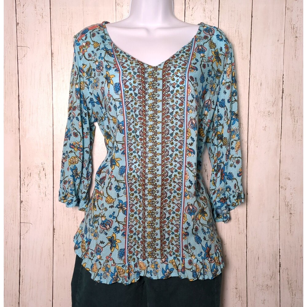 Blue Floral Boho Peasant Vacation Summer Top Blouse Flowy Large Farmers Market